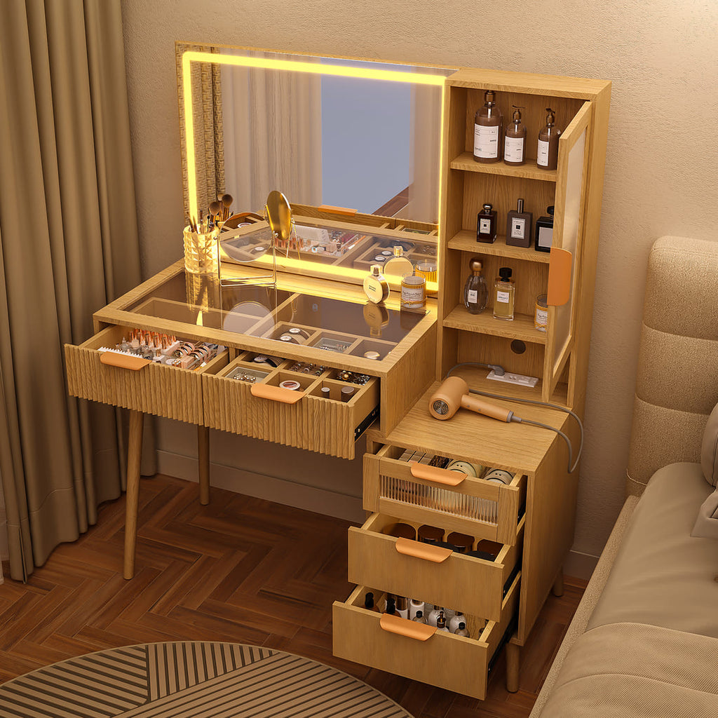 Pamapic Girls Vanity Desk with Mirror & 5 Drawers, Natural Oak