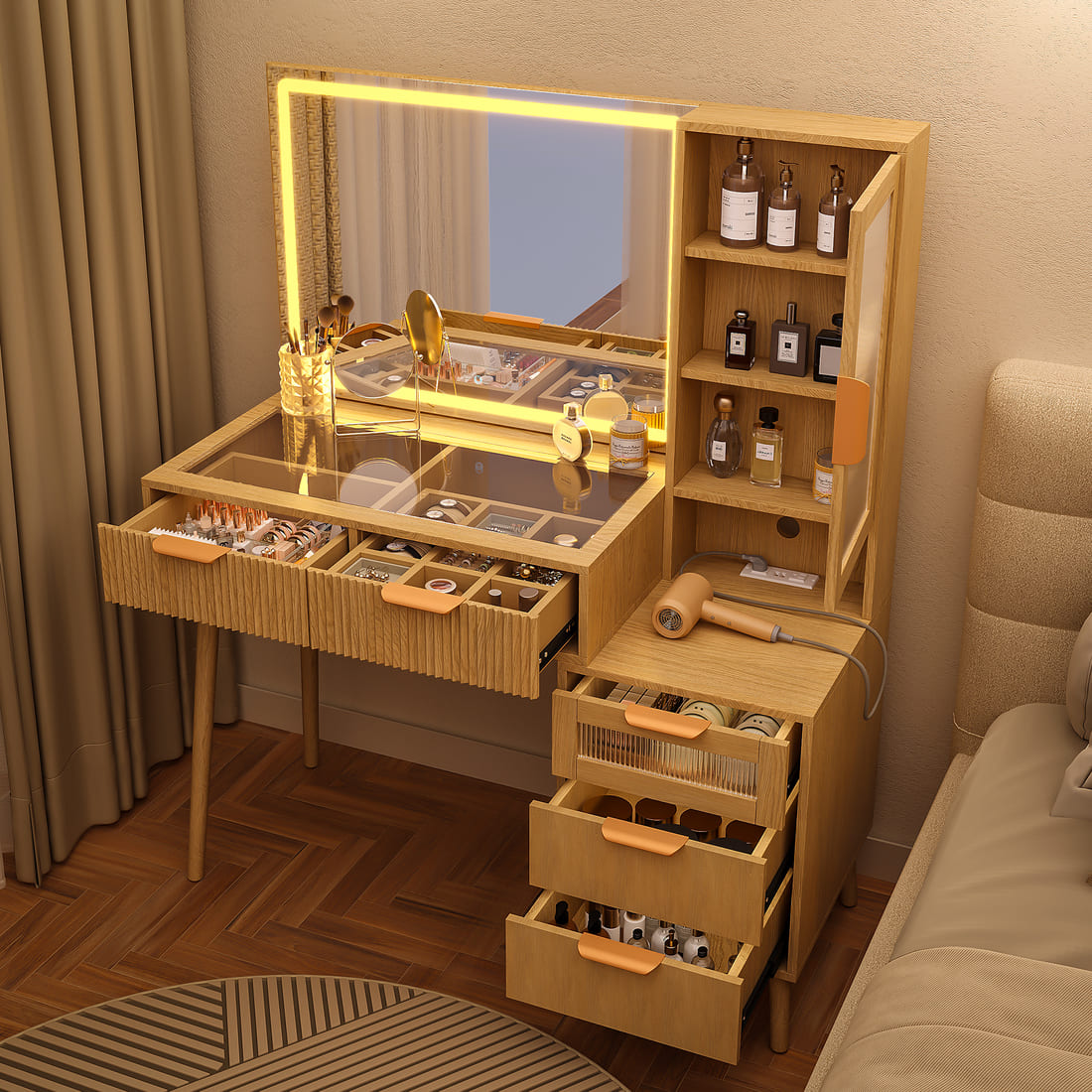 Pamapic Girls Vanity Desk with Mirror & 5 Drawers, Natural Oak