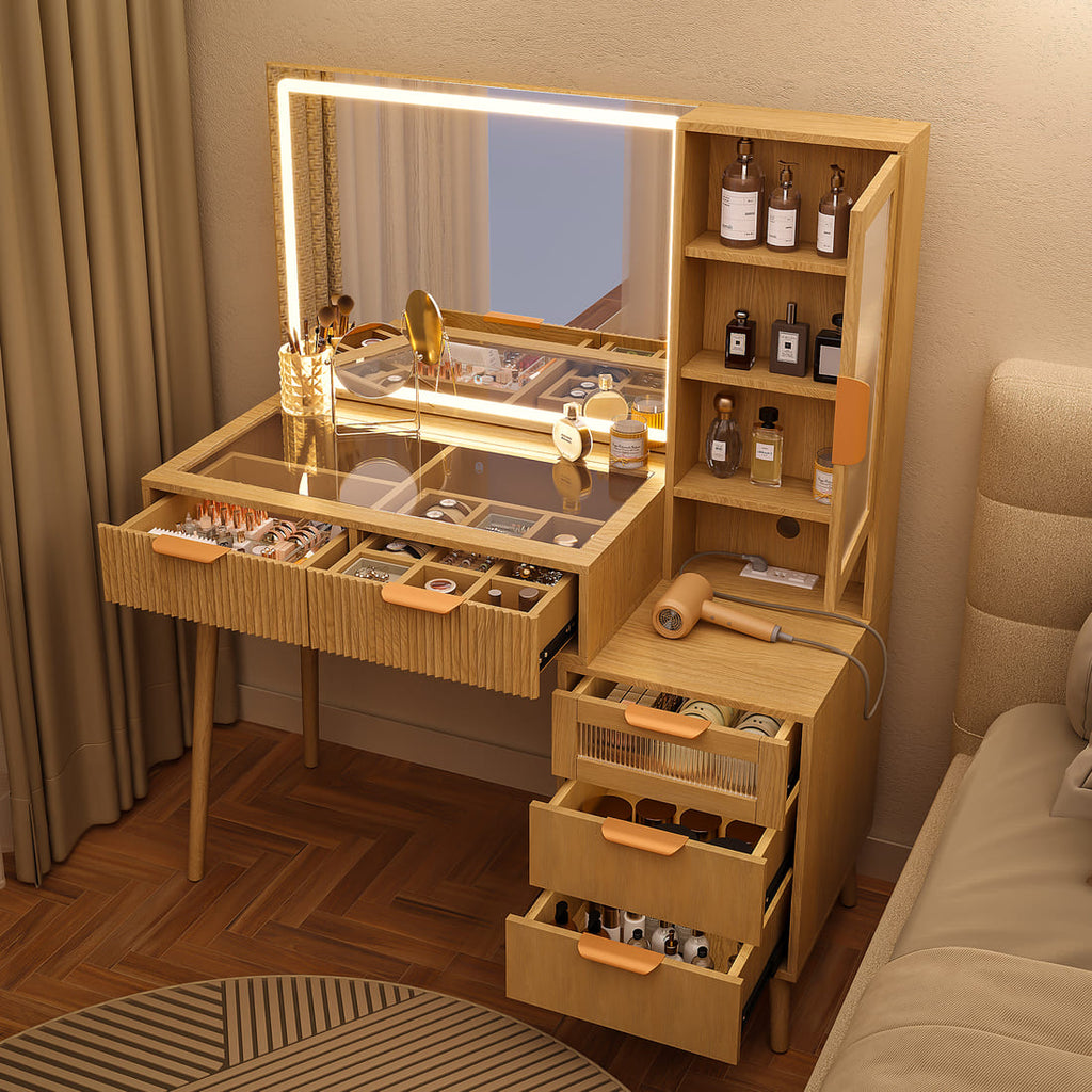 Pamapic Girls Vanity Desk with Mirror & 5 Drawers, Natural Oak