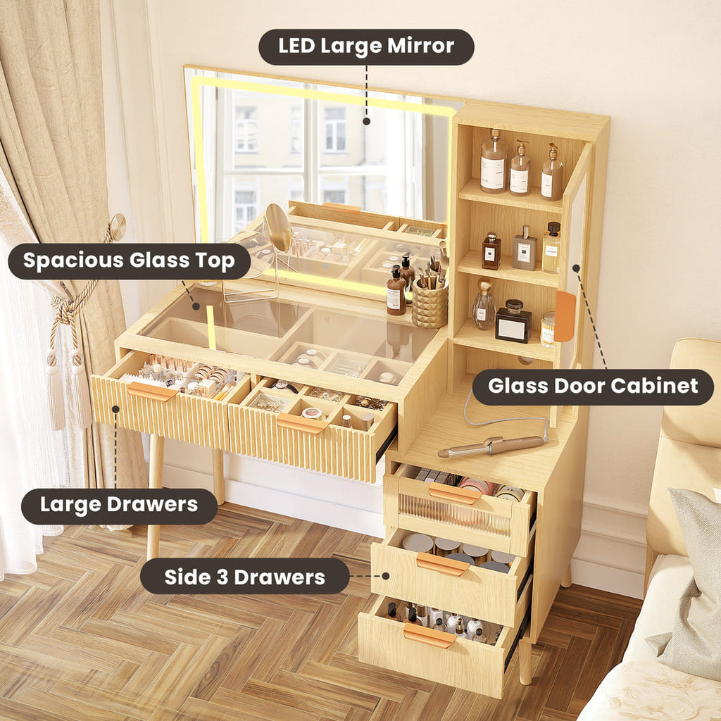 Pamapic Girls Vanity Desk with Mirror & 5 Drawers, Natural Oak