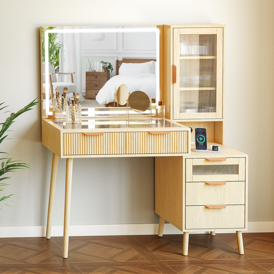 Pamapic Girls Vanity Desk with Mirror & 5 Drawers, Natural Oak