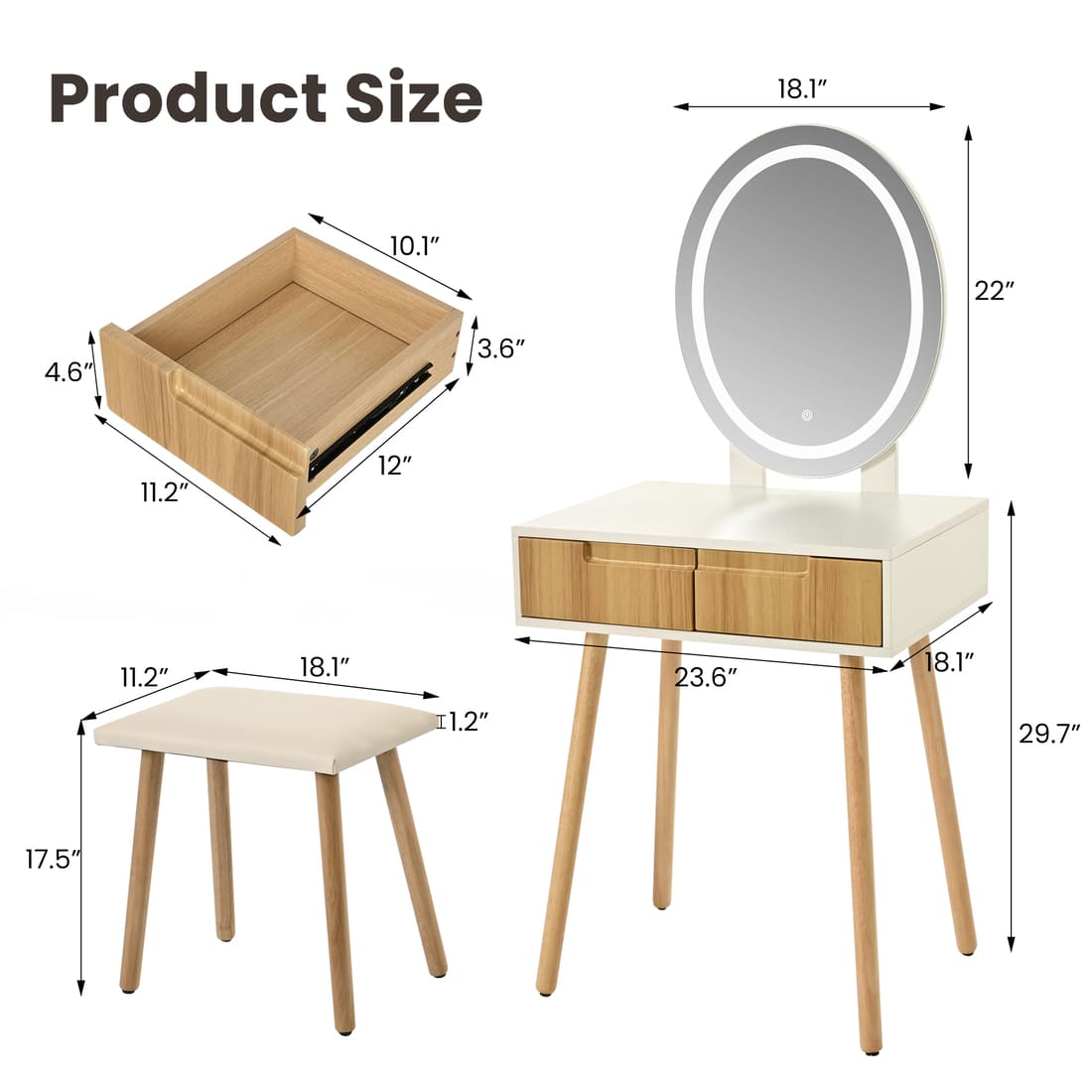 Small Makeup Vanity Table with Round LED Mirror & Cushioned Stool for Living Room, Bedroom
