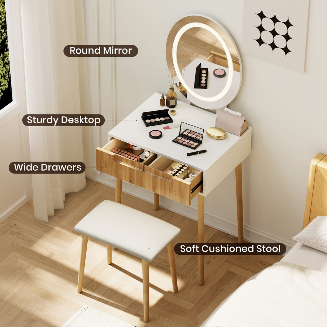 Small Makeup Vanity Table with Round LED Mirror & Cushioned Stool for Living Room, Bedroom