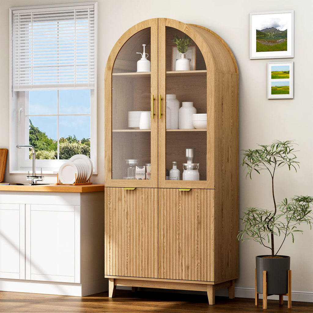 Pamapic Modern Farmhouse Arched Cabinet with Glass Doors & Adjustable Shelves