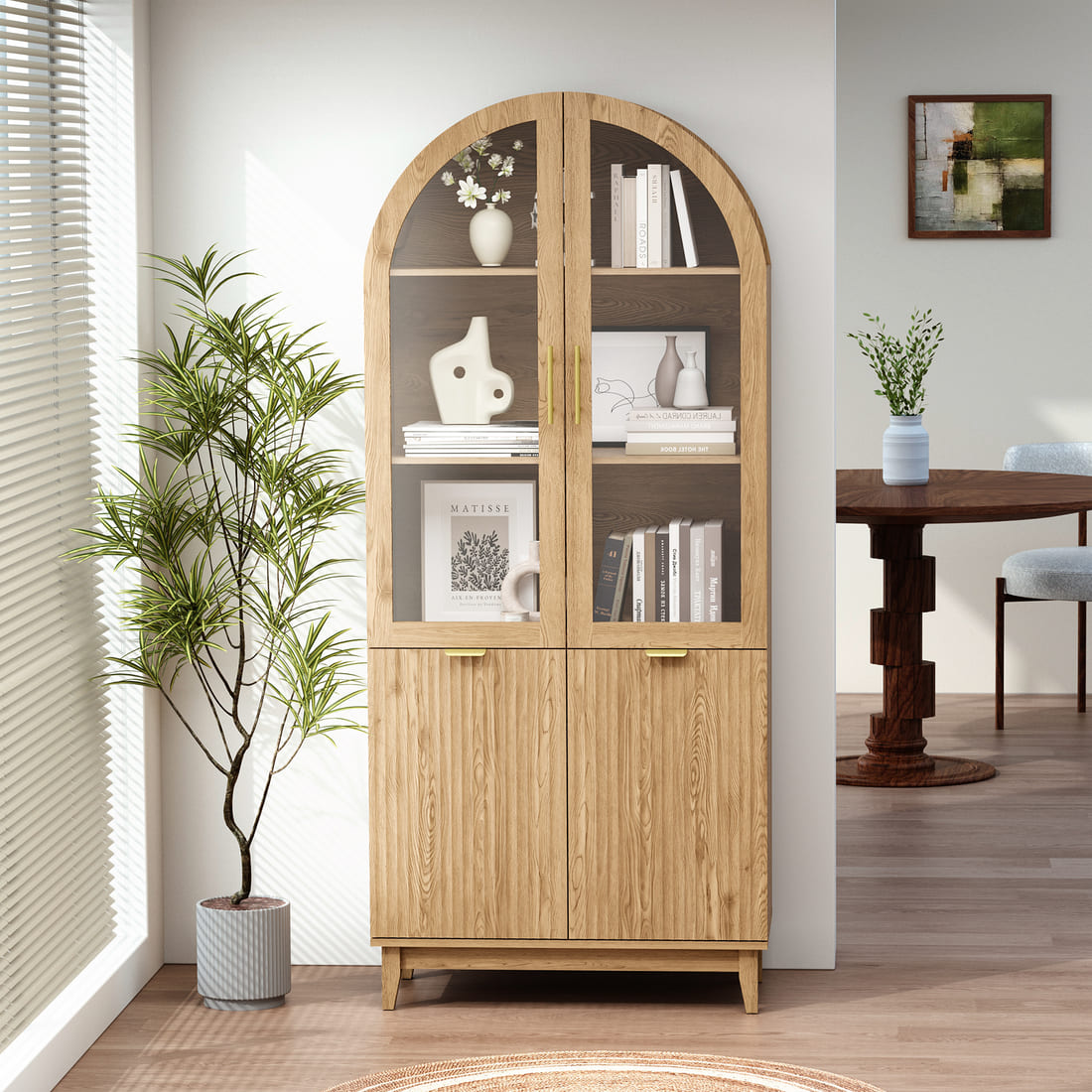 Pamapic Modern Farmhouse Arched Cabinet with Glass Doors & Adjustable Shelves