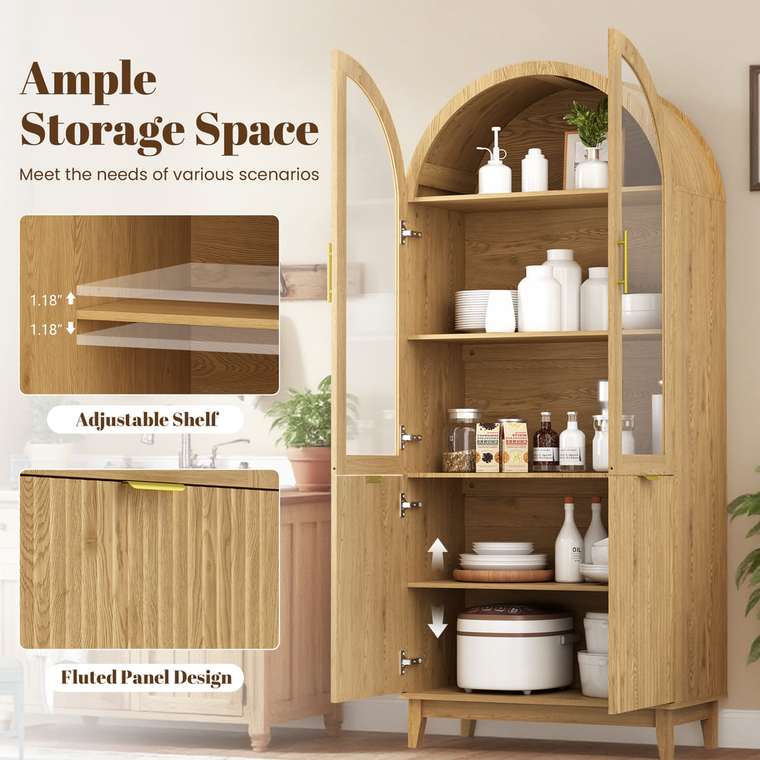 Pamapic Modern Farmhouse Arched Cabinet with Glass Doors & Adjustable Shelves