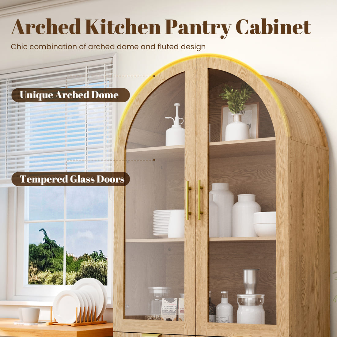 Pamapic Modern Farmhouse Arched Cabinet with Glass Doors & Adjustable Shelves