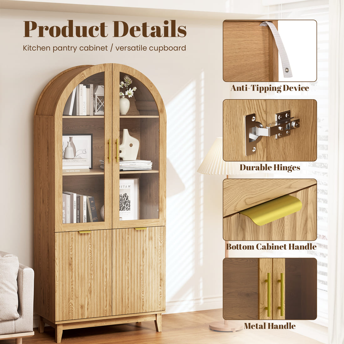 Pamapic Modern Farmhouse Arched Cabinet with Glass Doors & Adjustable Shelves