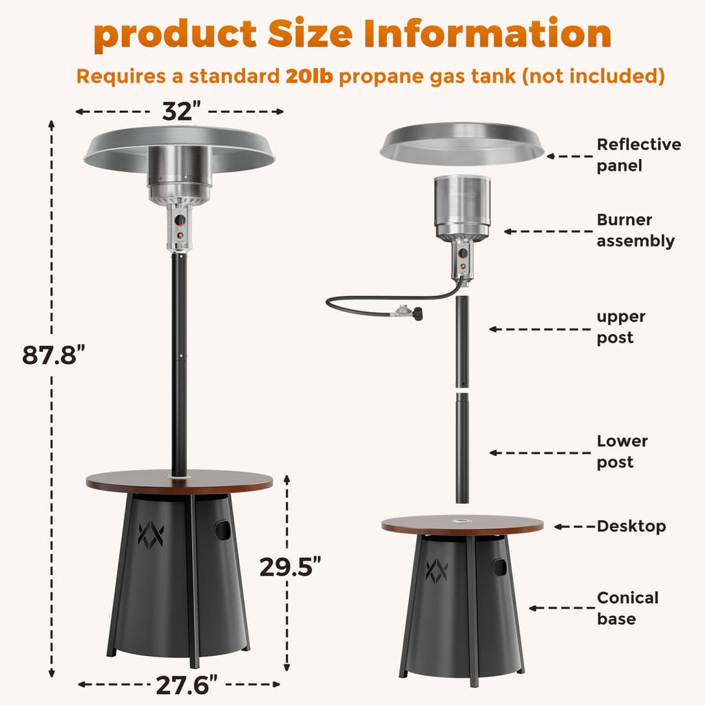 Pamapic 50,000 BTU Patio Propane Heater with 27.6" Round Table Design for Porch, Garden, Residential & Commercial Use