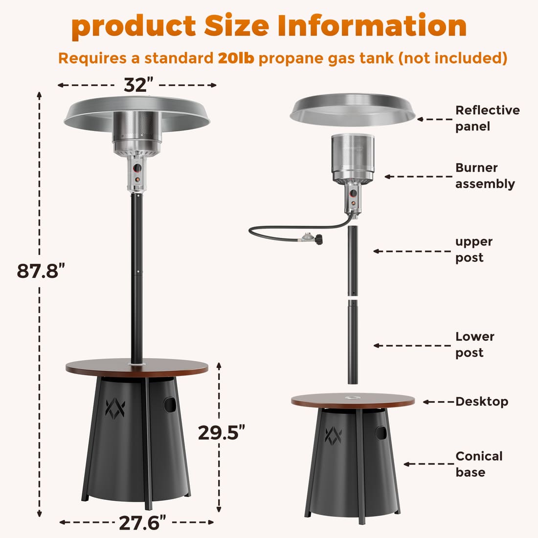 Propane Patio Heater 50,000 BTU, Round Table, CSA Certified