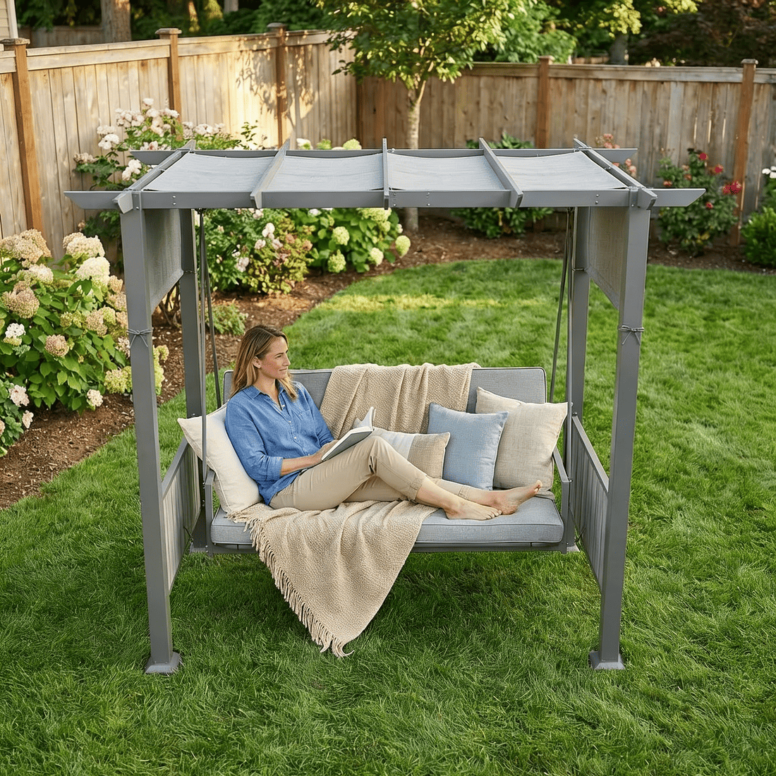 Pamapic 3-Seat Outdoor Metal Pergola Porch Swing Bed with Stand & Cushion, Gray
