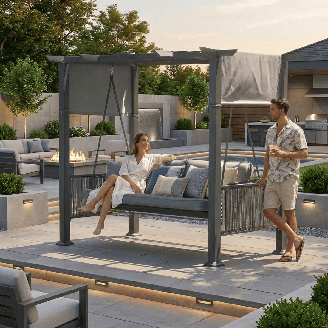 Pamapic 3-Seat Outdoor Metal Pergola Porch Swing Bed with Stand & Cushion, Gray