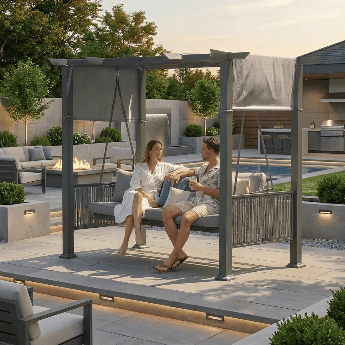 Pamapic 3-Seat Outdoor Metal Pergola Porch Swing Bed with Stand & Cushion, Gray