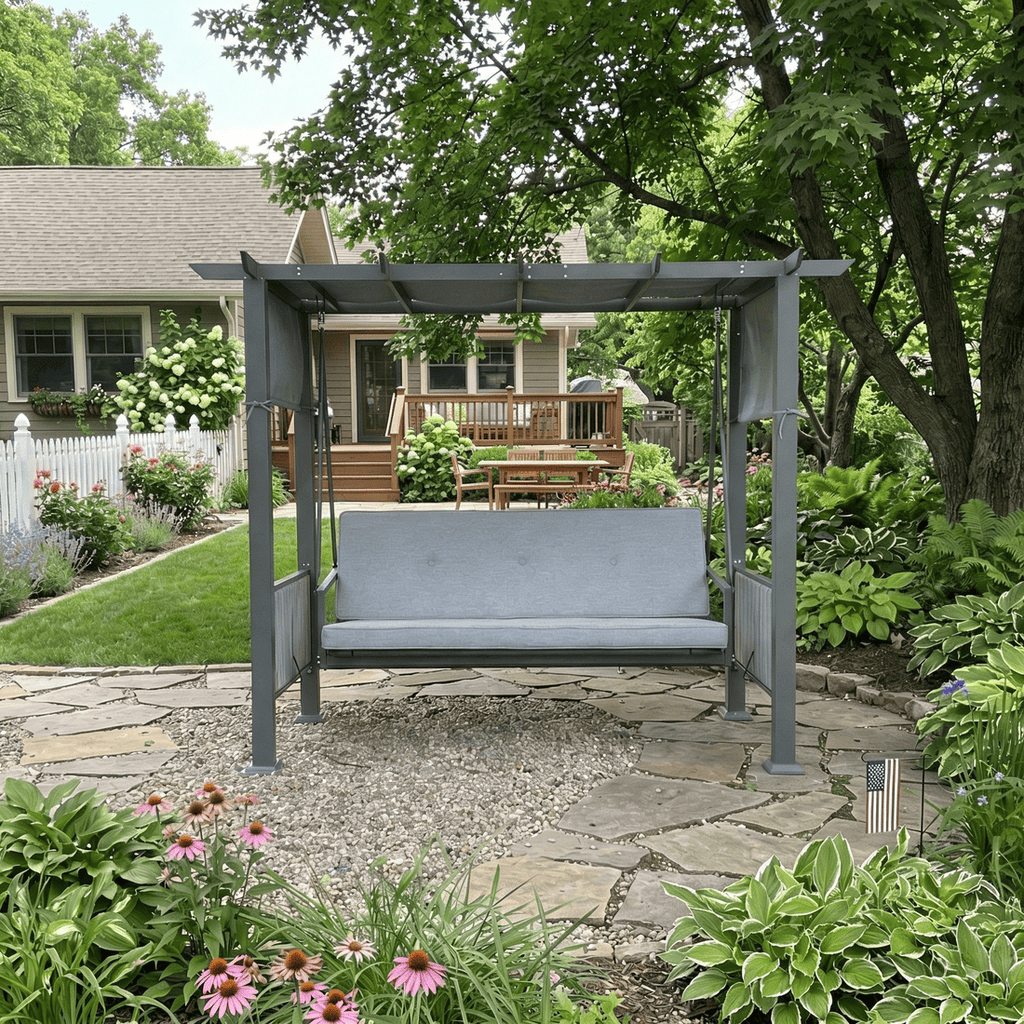 Pamapic 3-Seat Outdoor Metal Pergola Porch Swing Bed with Stand & Cushion, Gray