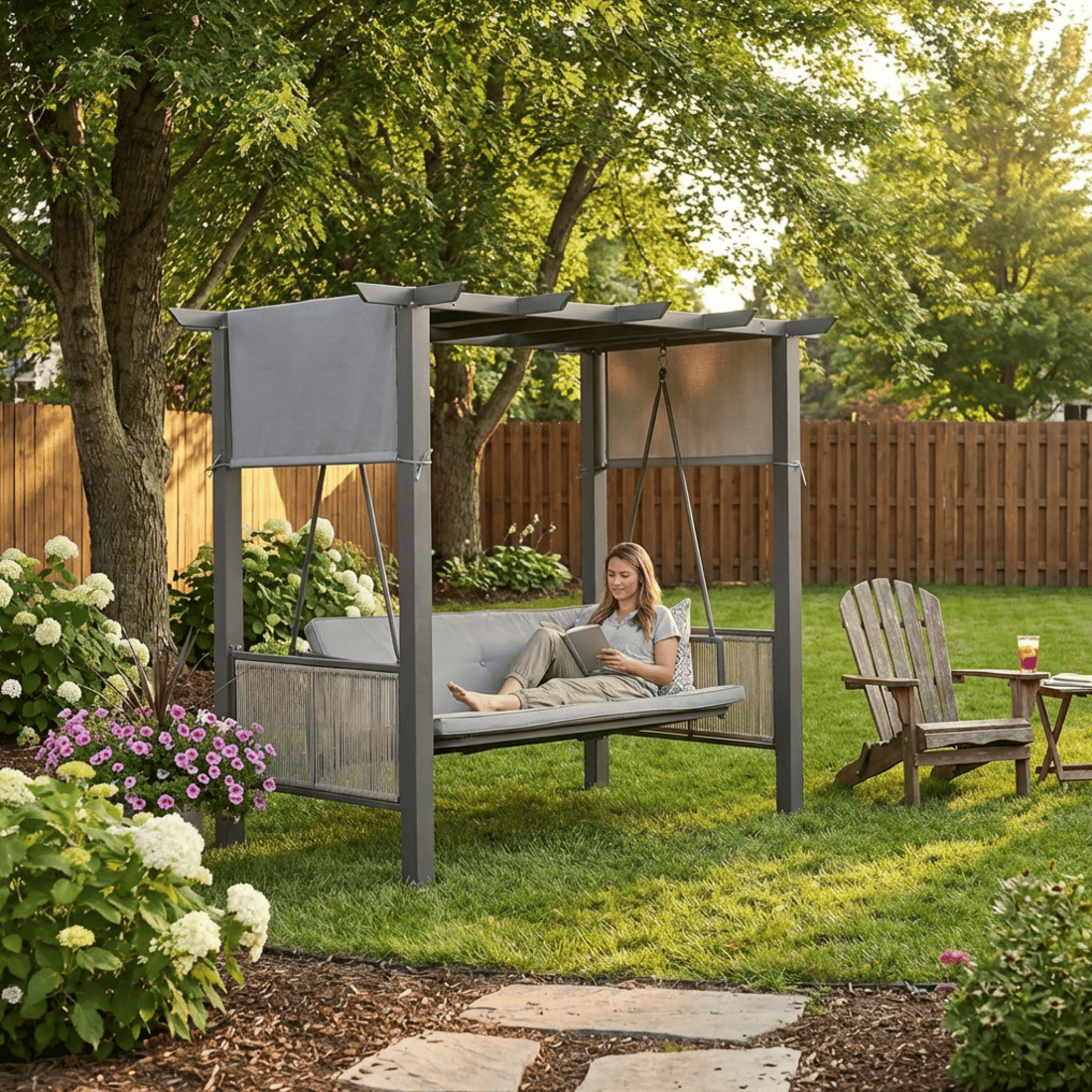 Pamapic 3-Seat Outdoor Metal Pergola Porch Swing Bed with Stand & Cushion, Gray