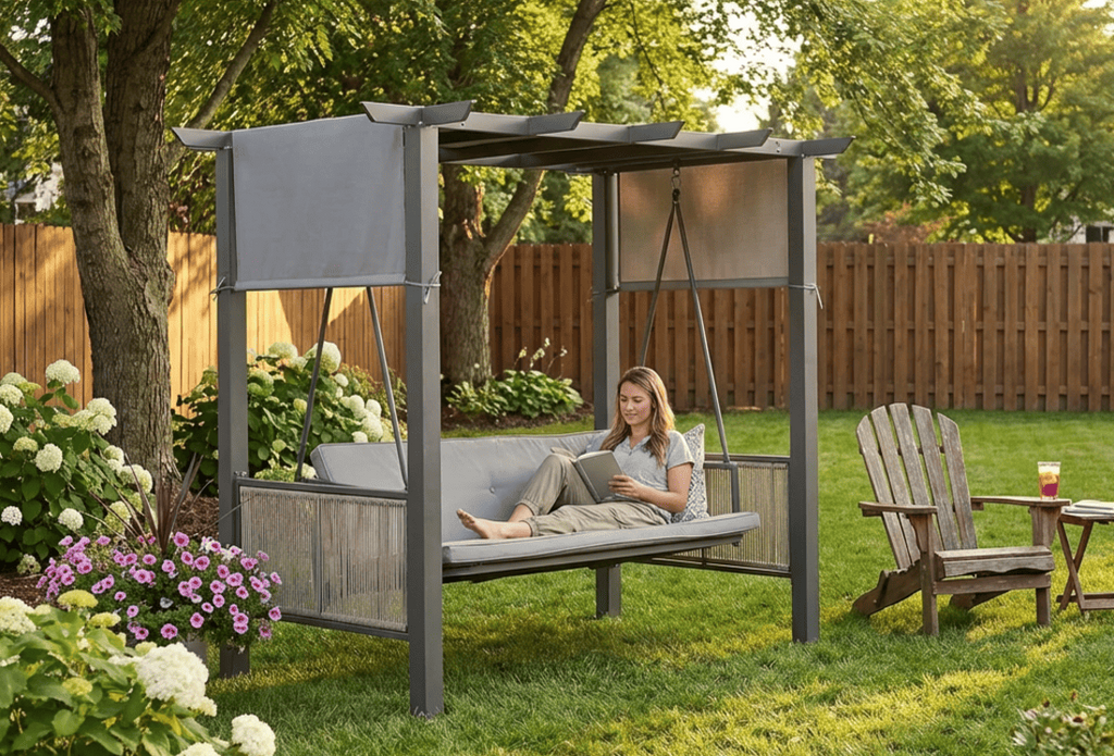 Pamapic 3-Seat Outdoor Metal Pergola Porch Swing Bed with Stand & Cushion, Gray