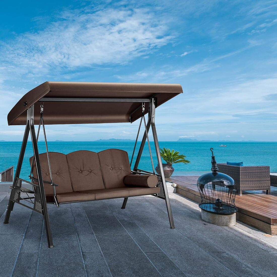 Pamapic 3-Seat Patio Swing Chair with Stand & Adjustable Canopy