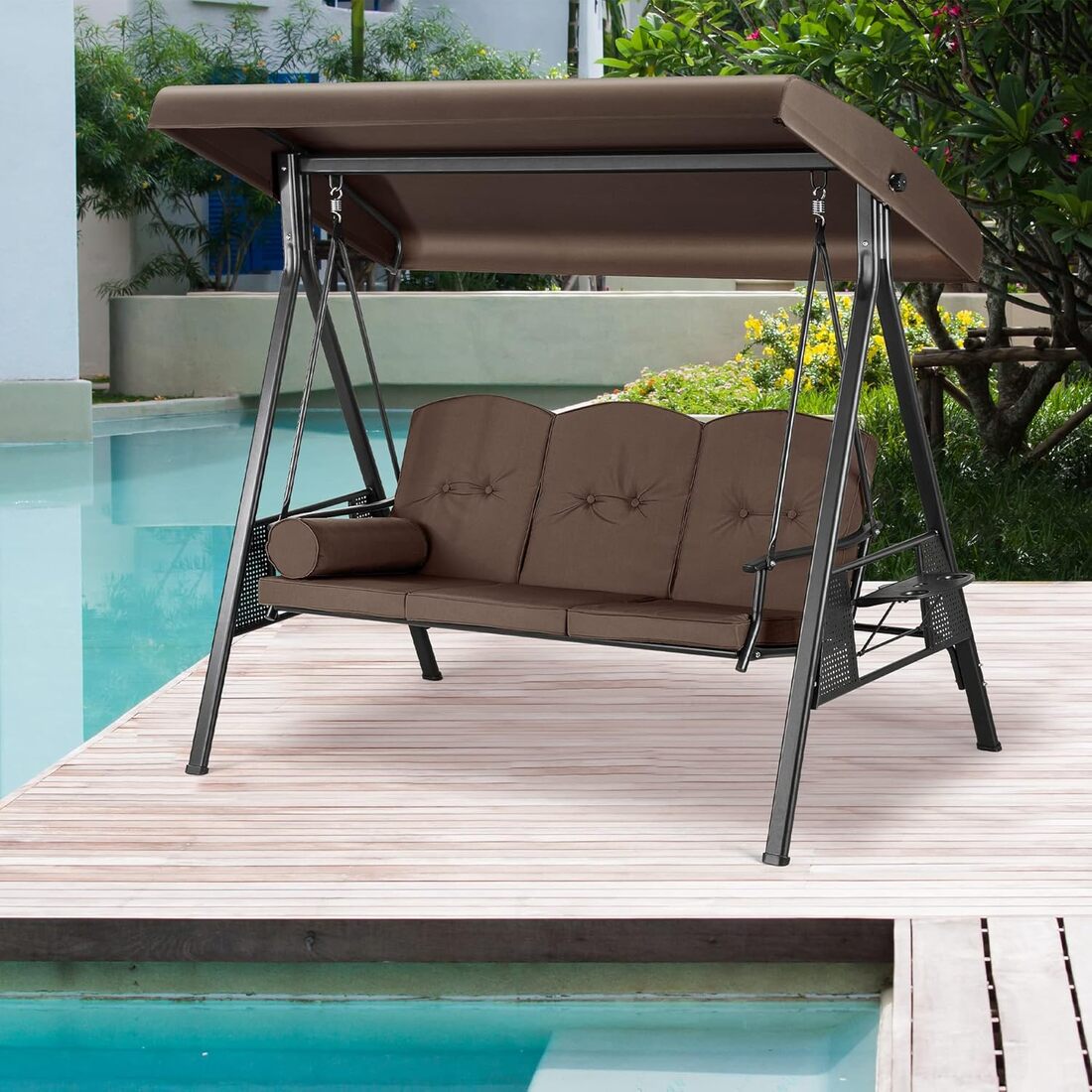 Pamapic 3-Seat Patio Swing Chair with Stand & Adjustable Canopy