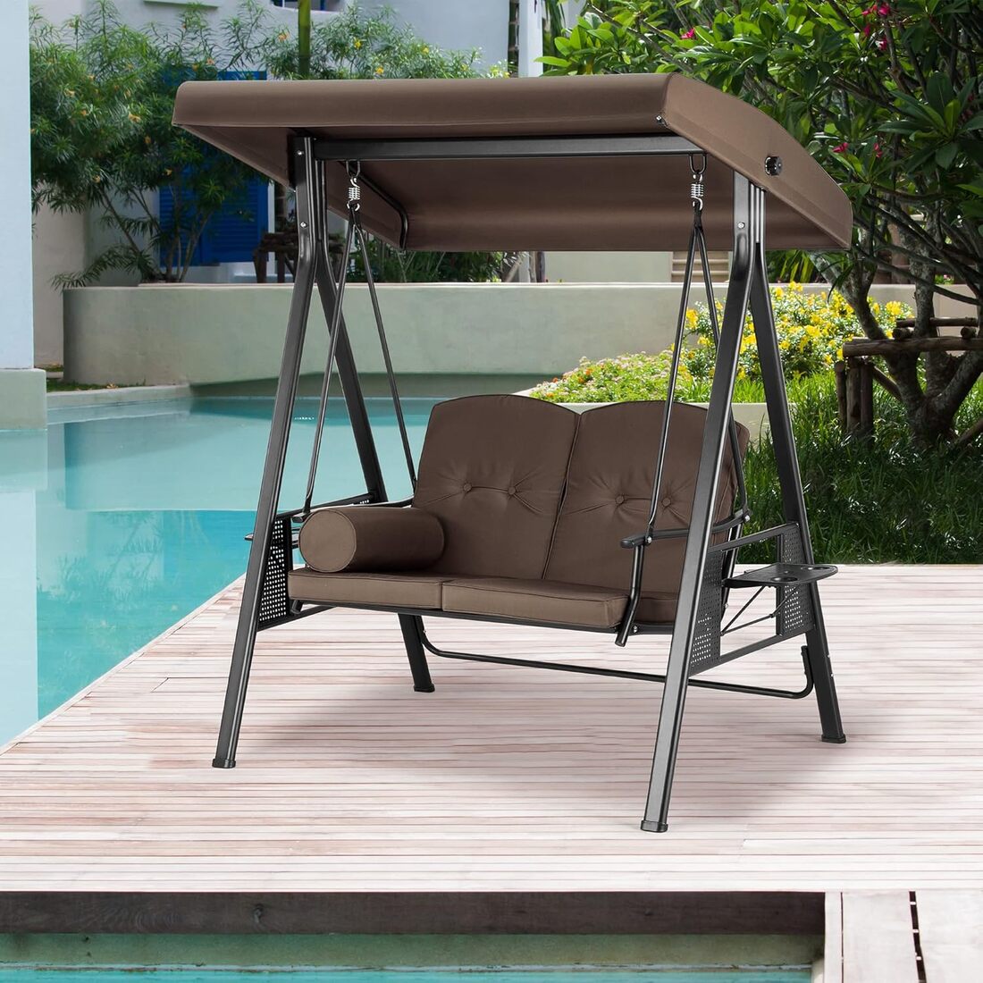 Pamapic 3-Seat Patio Swing Chair with Stand & Adjustable Canopy
