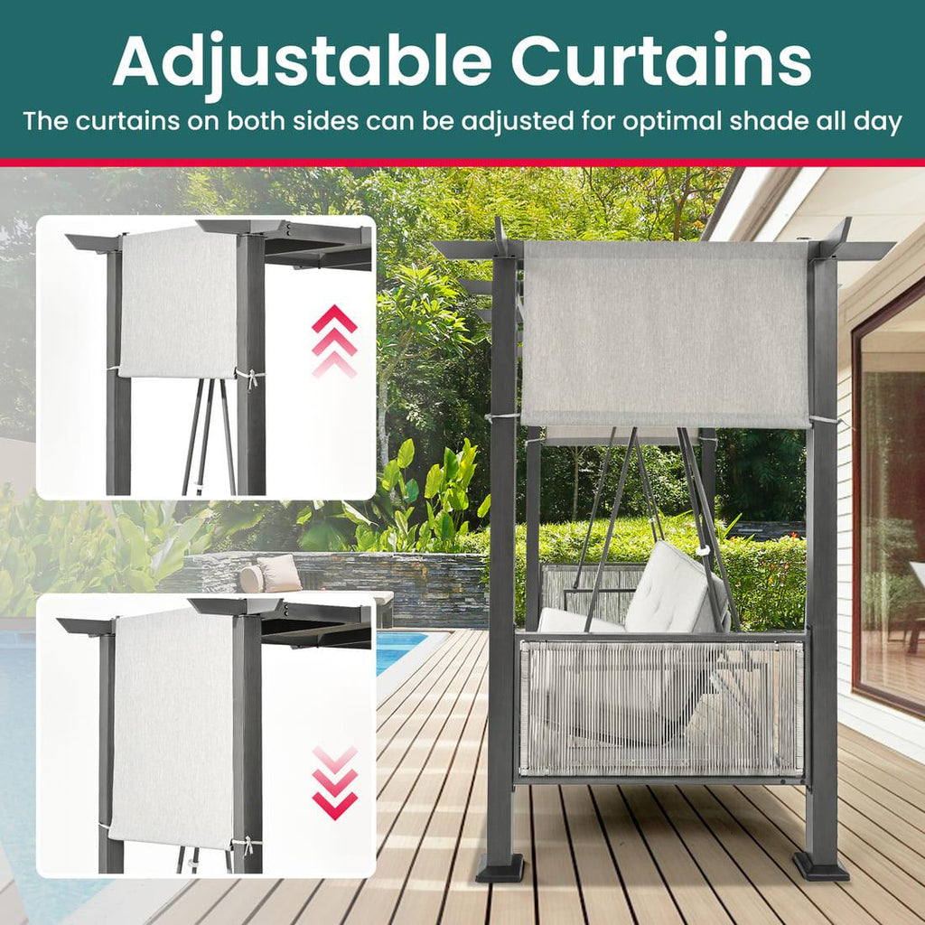 Pamapic 3-Seat Outdoor Metal Pergola Porch Swing Bed with Stand & Cushion, Gray