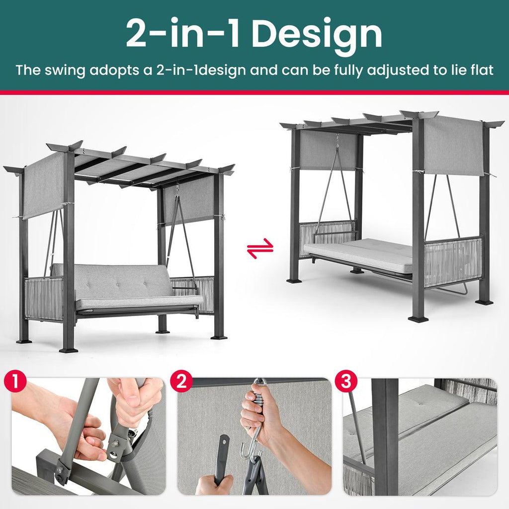 Pamapic 2 in 1 Patio Swing with 7 Pieces HDPE Dining Sets