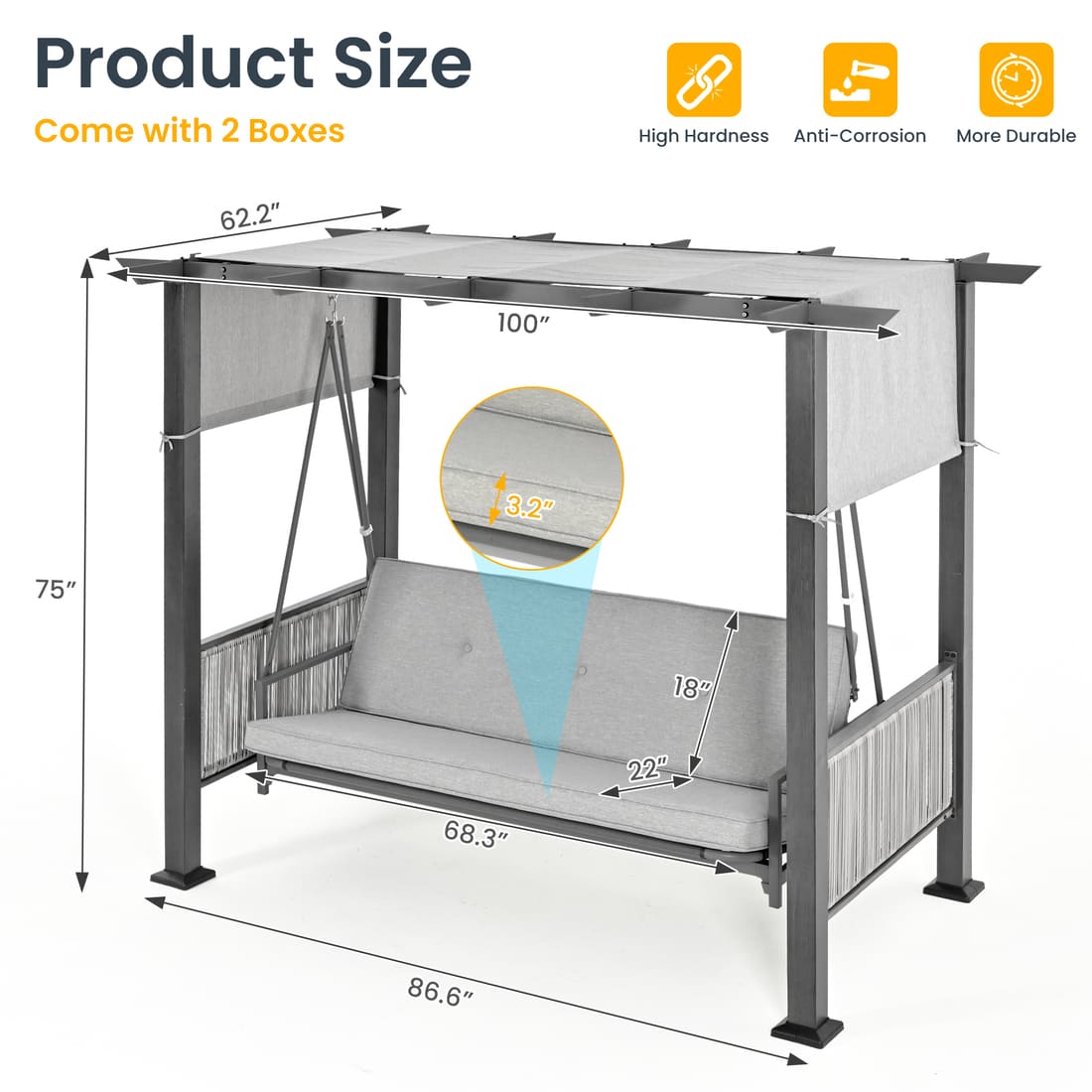 Pamapic 3-Seat Outdoor Metal Pergola Porch Swing Bed with Stand & Cushion, Gray