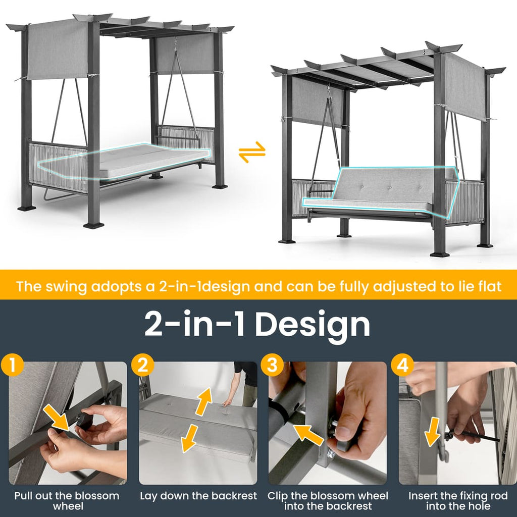 Pamapic 3-Seat Outdoor Metal Pergola Porch Swing Bed with Stand & Cushion, Gray