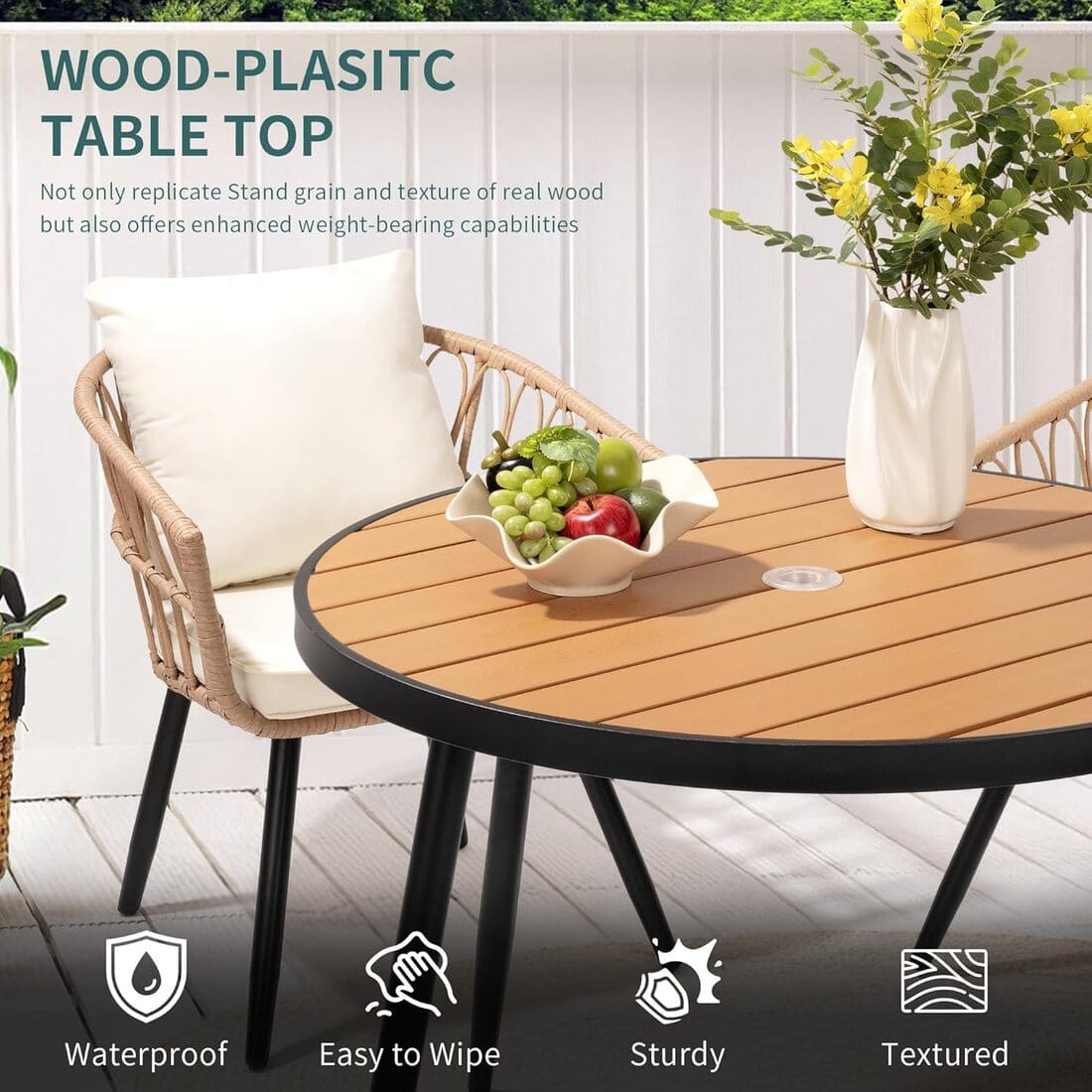 Pamapic Patio Round Dining Set with Wood Table Top & Wicker Rattan Chairs