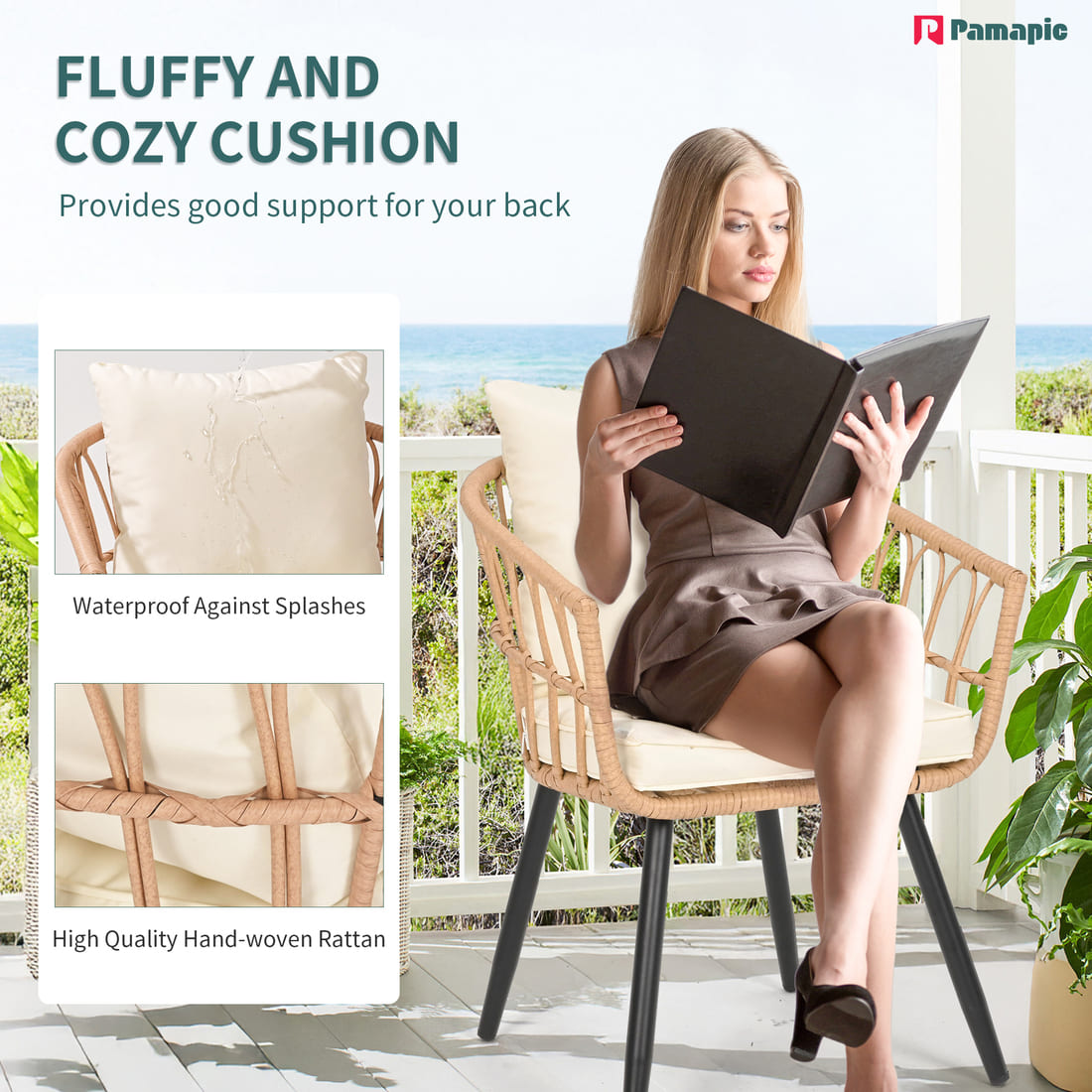 Pamapic Patio Round Dining Set with Wood Table Top & Wicker Rattan Chairs