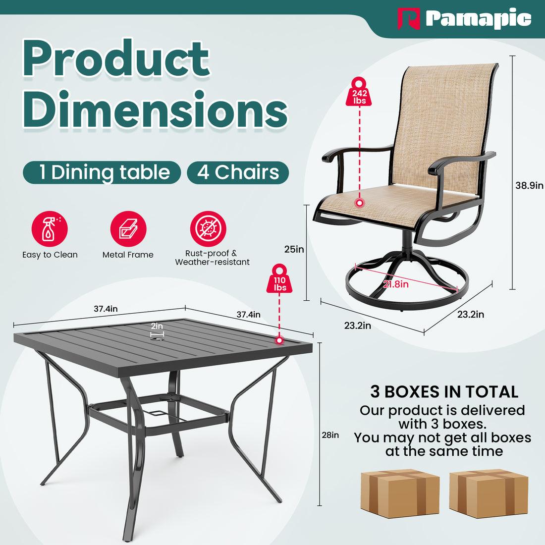 Pamapic 5-Piece Patio Dining Set with 4 Textilene Swivel Chairs