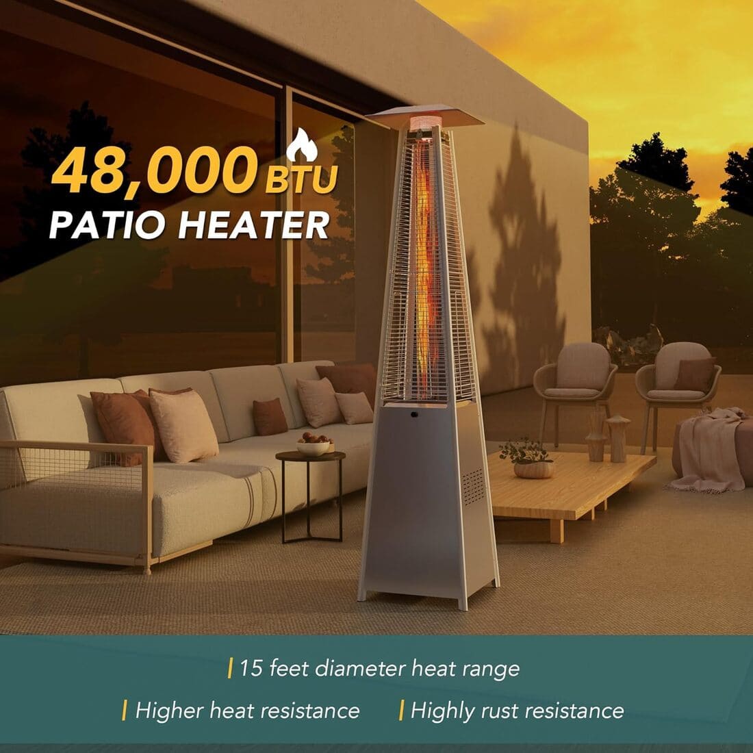 Pamapic 48,000 BTU Pyramid Flame Patio Heater with Glass Tube & Cover - Commercial & Residential