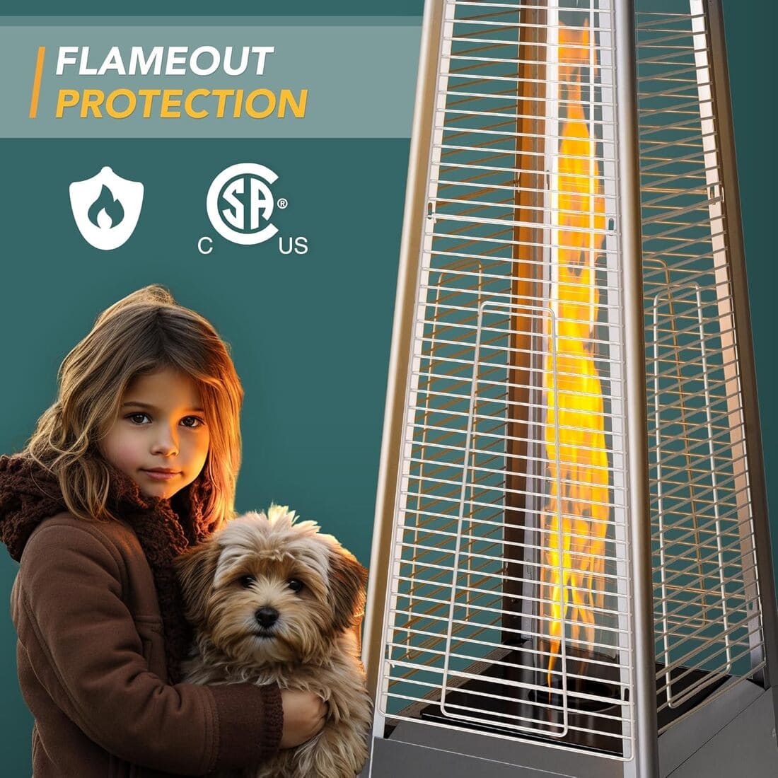 Pamapic 48,000 BTU Pyramid Flame Patio Heater with Glass Tube & Cover - Commercial & Residential