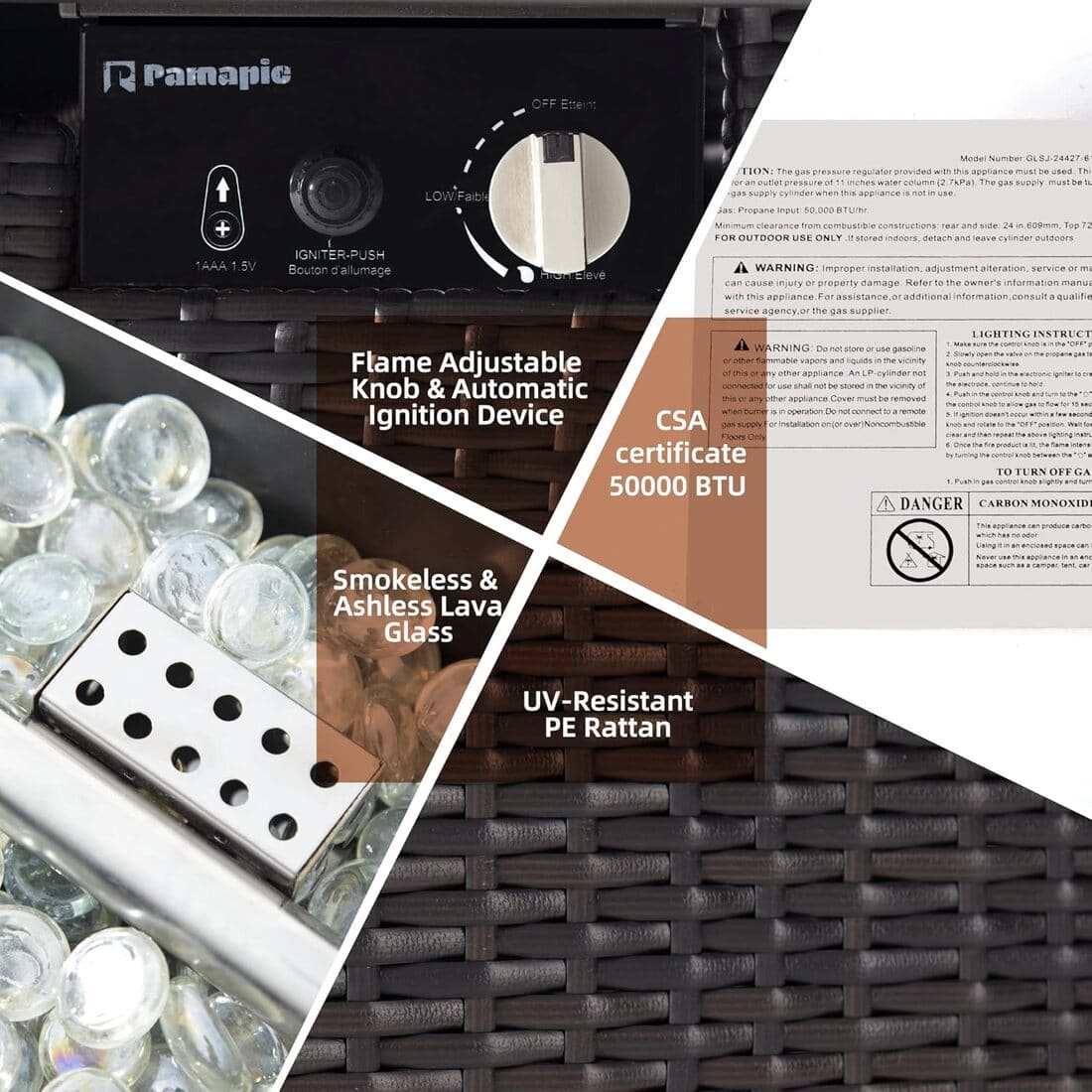 Pamapic 42" Rectangular Propane Fire Pit Table with Glass Wind Guard, 50,000 BTU Output