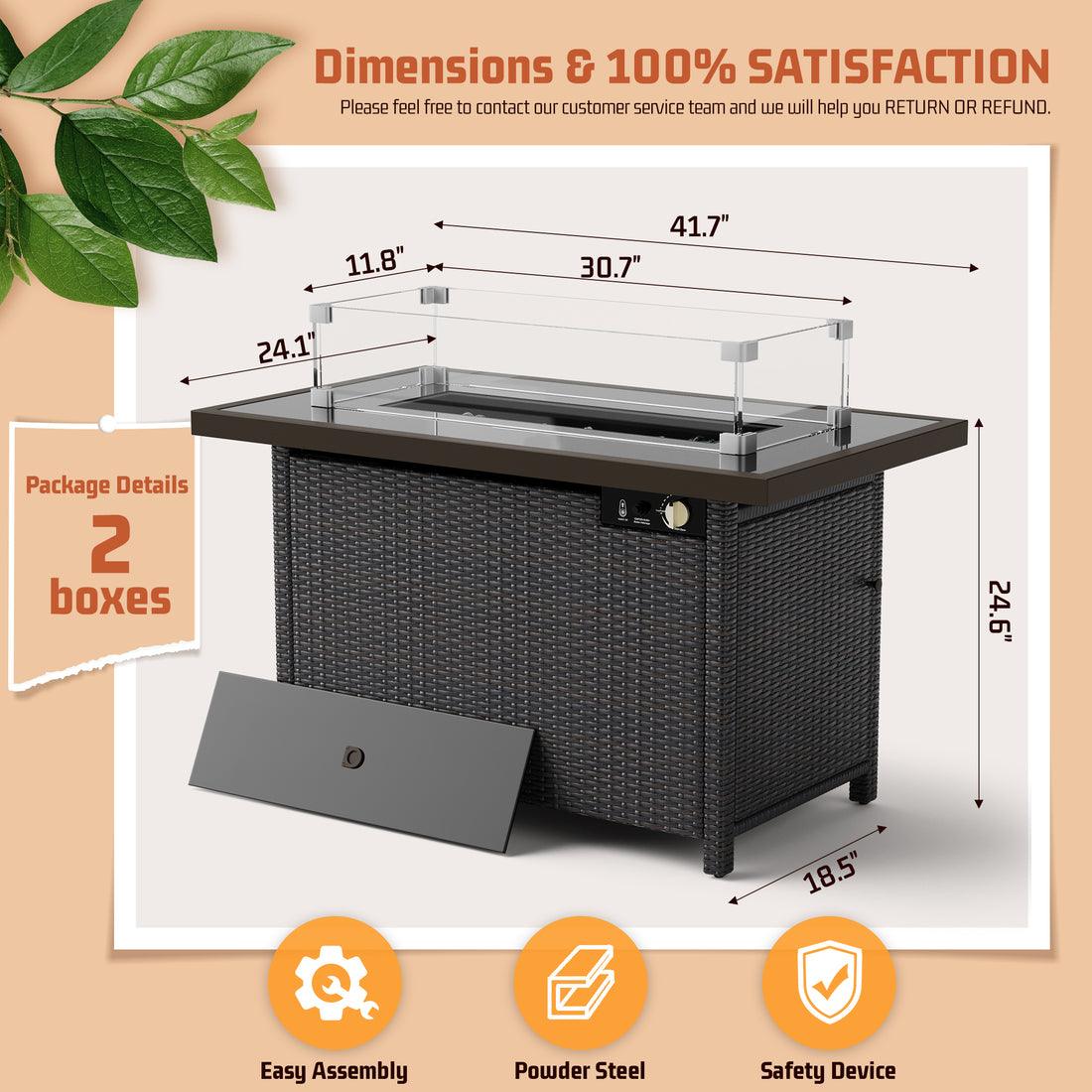 Pamapic 42" Rectangular Propane Fire Pit Table with Glass Wind Guard, 50,000 BTU Output