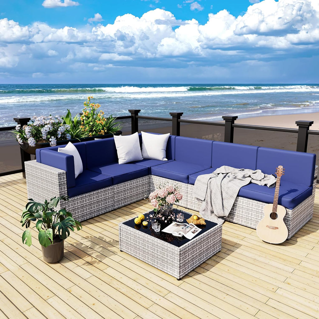 Pamapic Rattan Outdoor Sectional Couch Set  (7 Pieces)