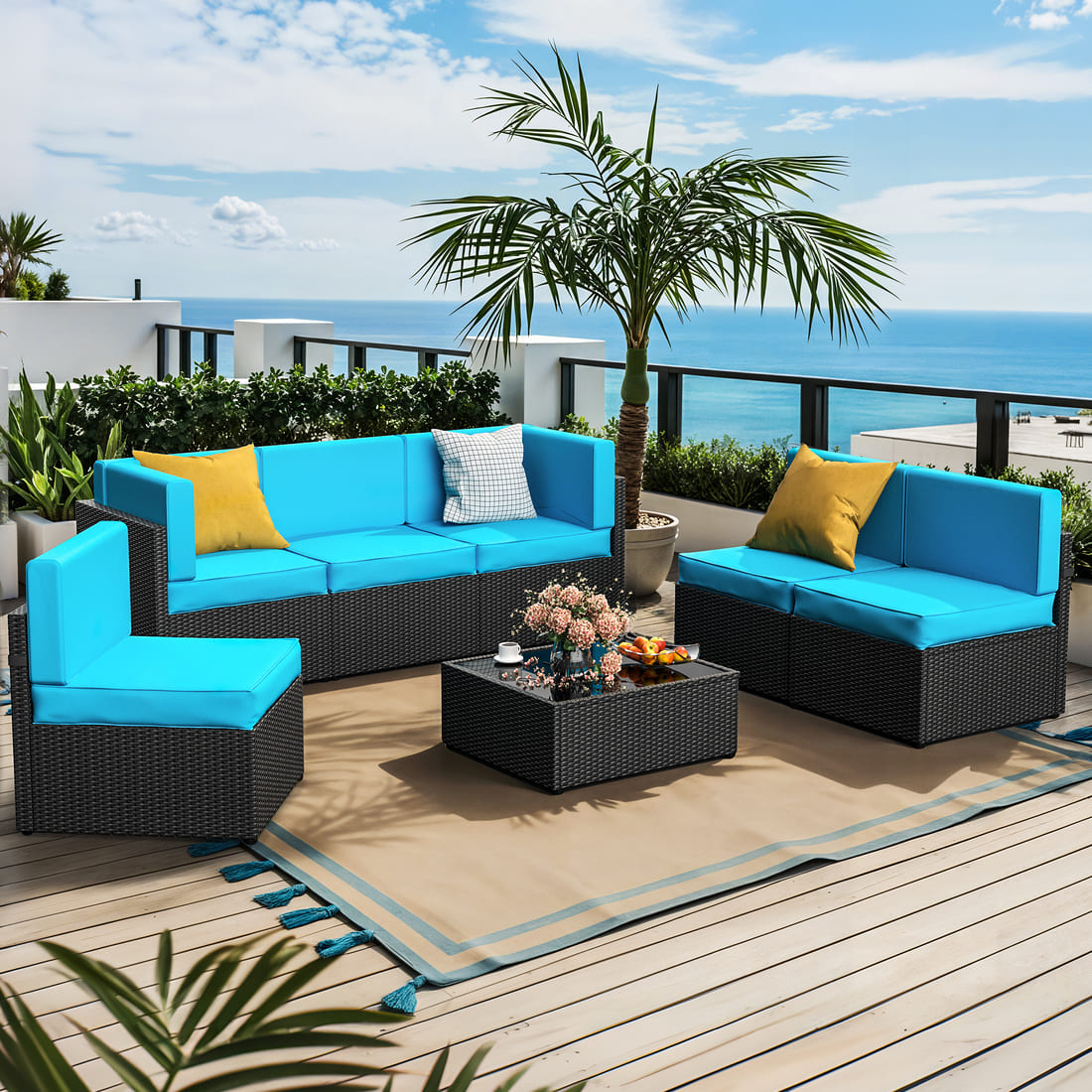 Pamapic Rattan Outdoor Sectional Couch Set  (7 Pieces)