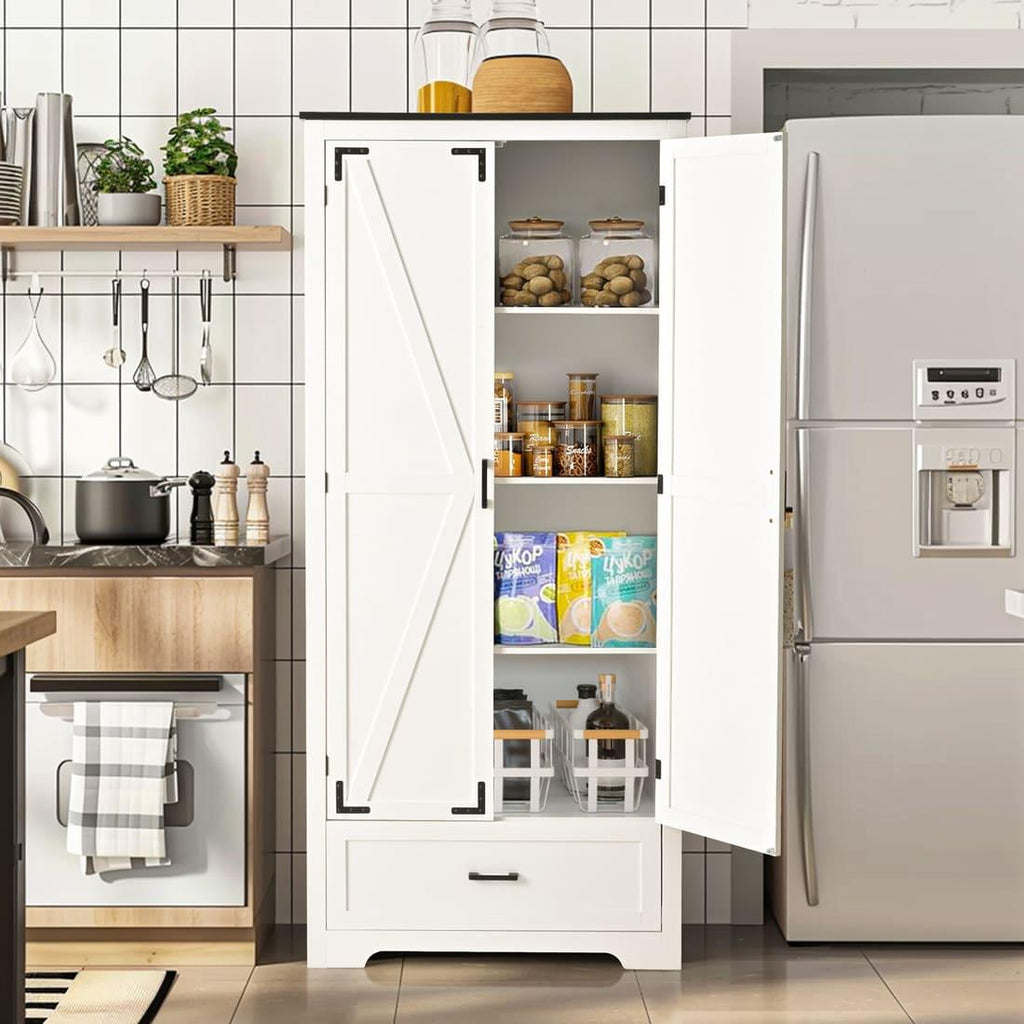 Pamapic 71" Tall Farmhouse Kitchen Pantry Cabinet with 2 Barn Style Doors&  Drawer