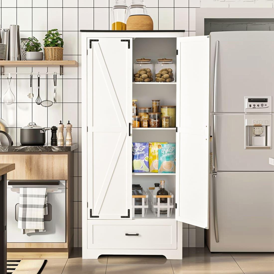 Pamapic 71" Tall Farmhouse Kitchen Pantry Cabinet with 2 Barn Style Doors&  Drawer