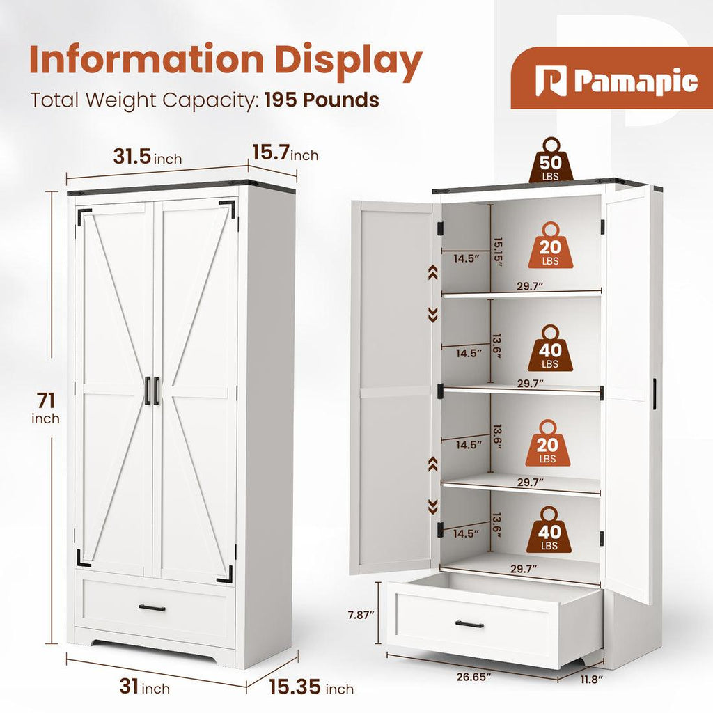 Pamapic 71" Tall Farmhouse Kitchen Pantry Cabinet with 2 Barn Style Doors&  Drawer