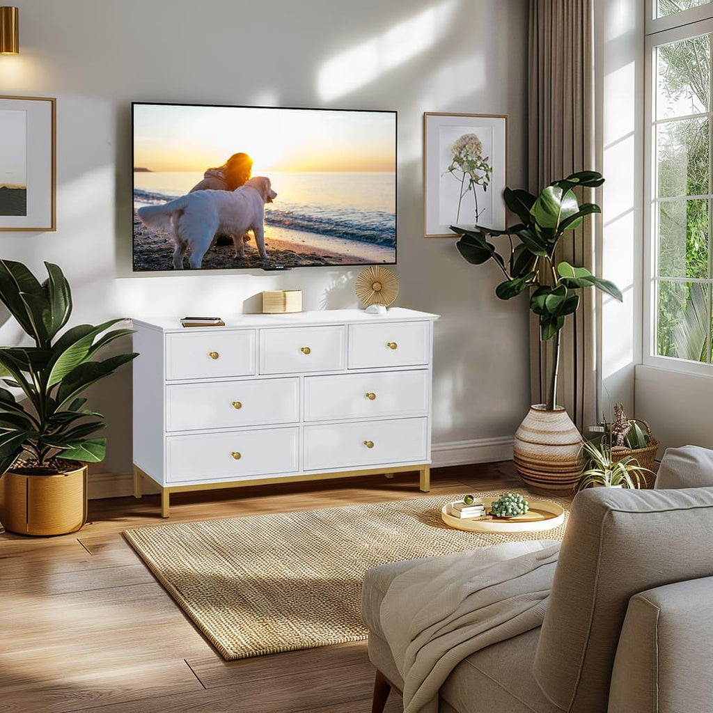 Pamapic 7-Drawer Dresser TV Stand, White