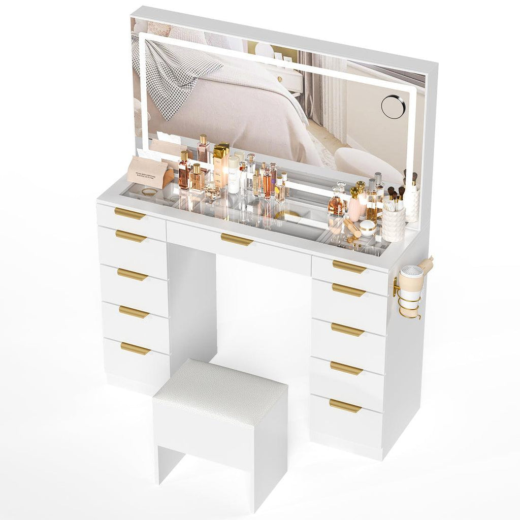 Pamapic 11 Drawers Vanity Desk with Mirror & Glass Top, White
