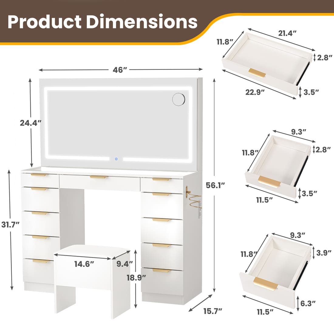 Pamapic 11 Drawers Vanity Desk with Mirror & Glass Top, White