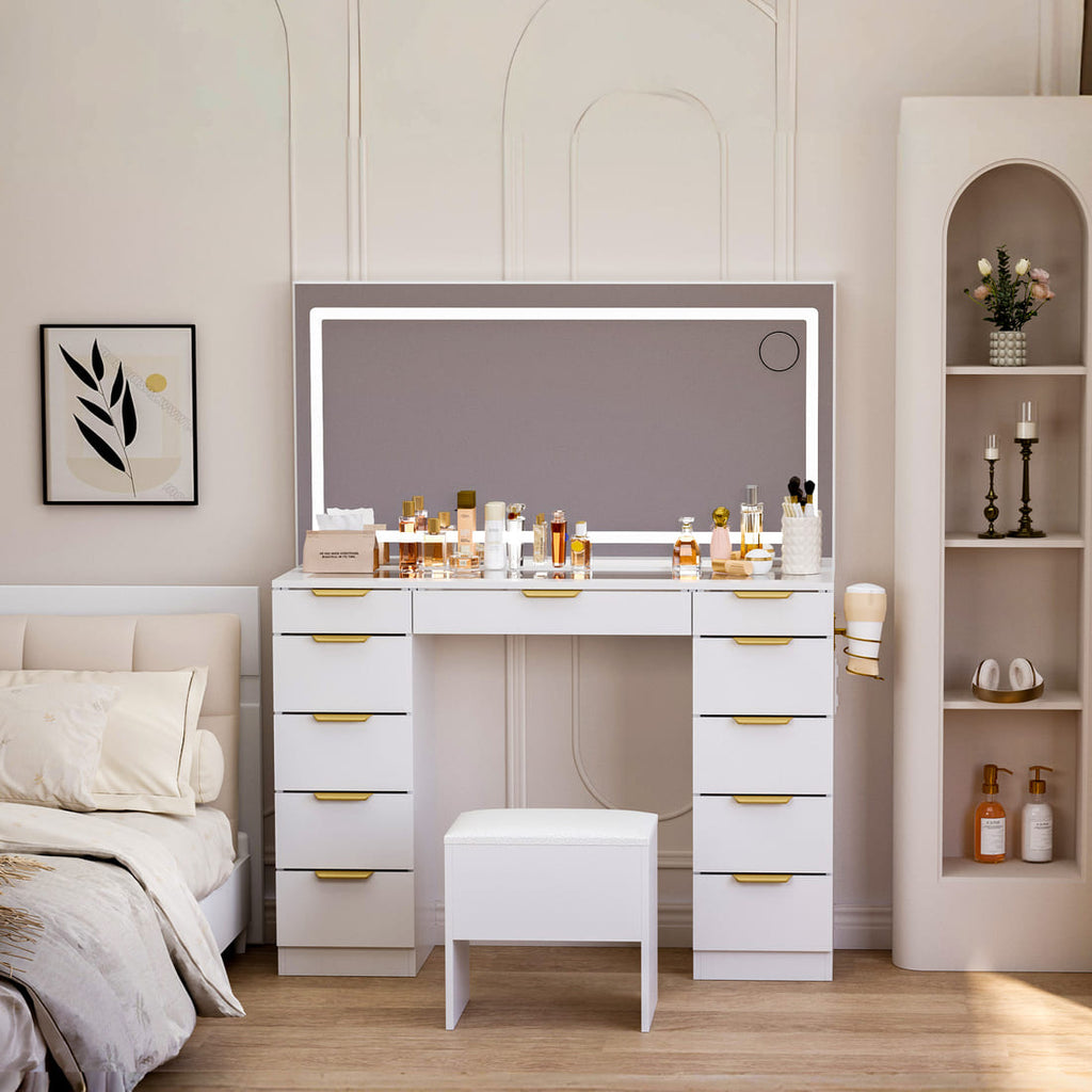 11-Drawer Vanity Desk with LED Mirror & Glass Top, Gold Handles