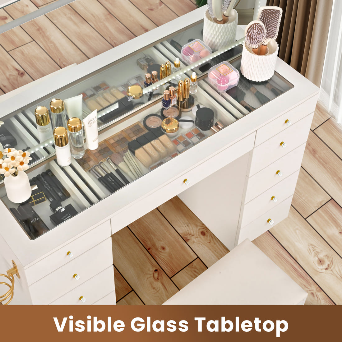 Pamapic 11 Drawers Vanity Desk with Mirror & Glass Top, White