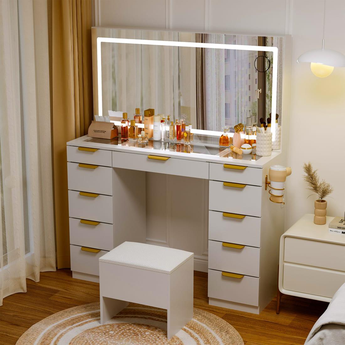 Pamapic 11 Drawers Vanity Desk with Mirror & Glass Top, White