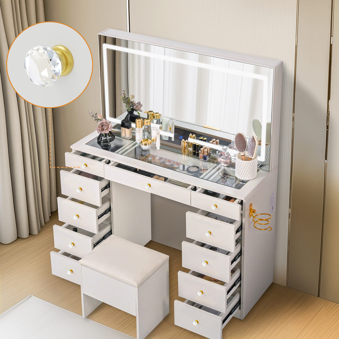 Pamapic 11 Drawers Vanity Desk with Mirror & Glass Top, White