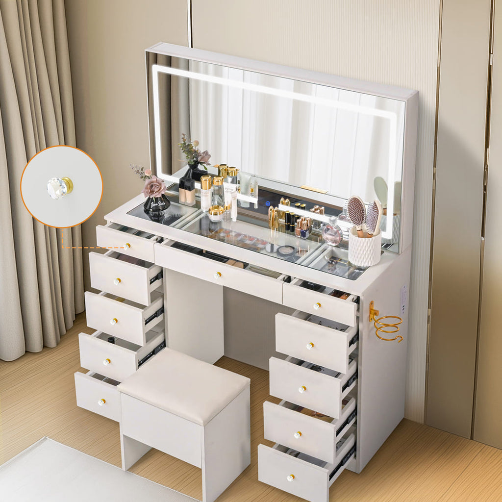 Pamapic 11 Drawers Vanity Desk with Mirror & Glass Top, White