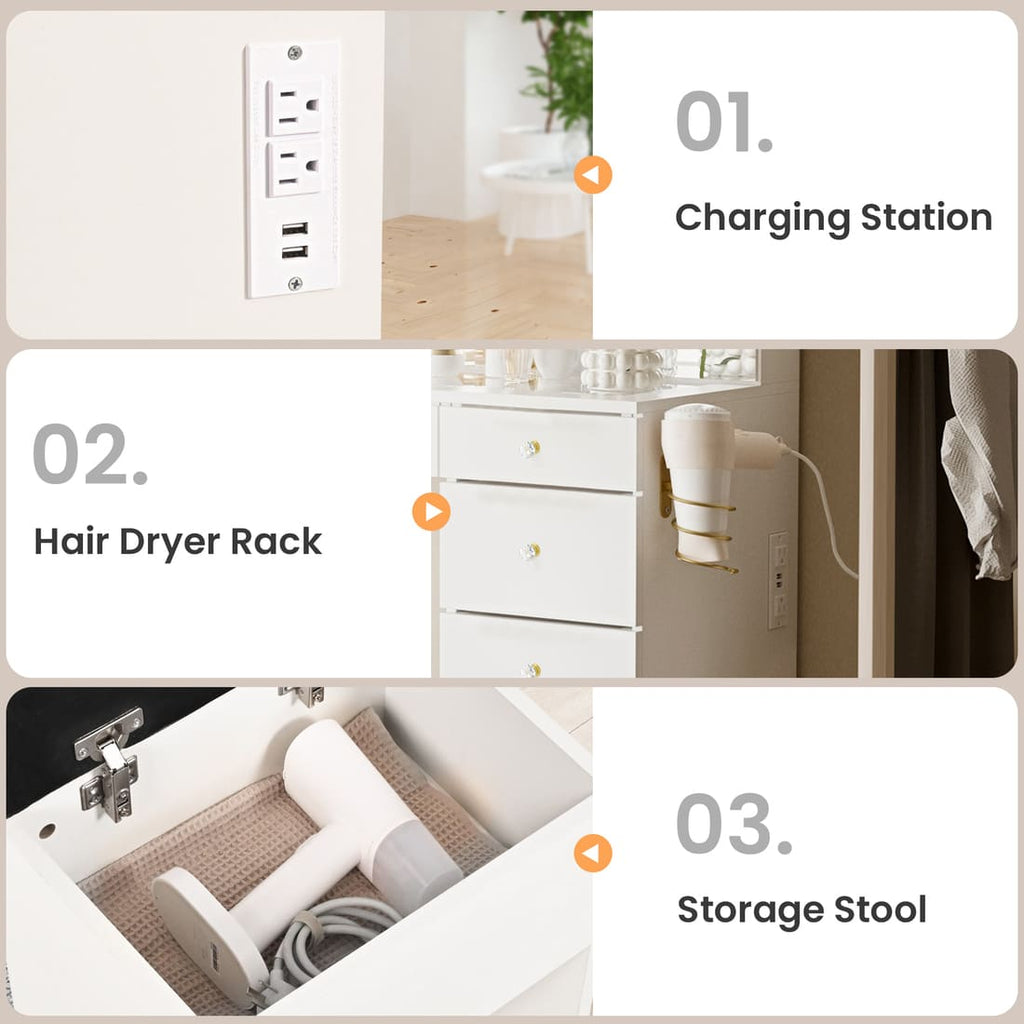 Pamapic 11 Drawers Vanity Desk with Mirror & Glass Top, White