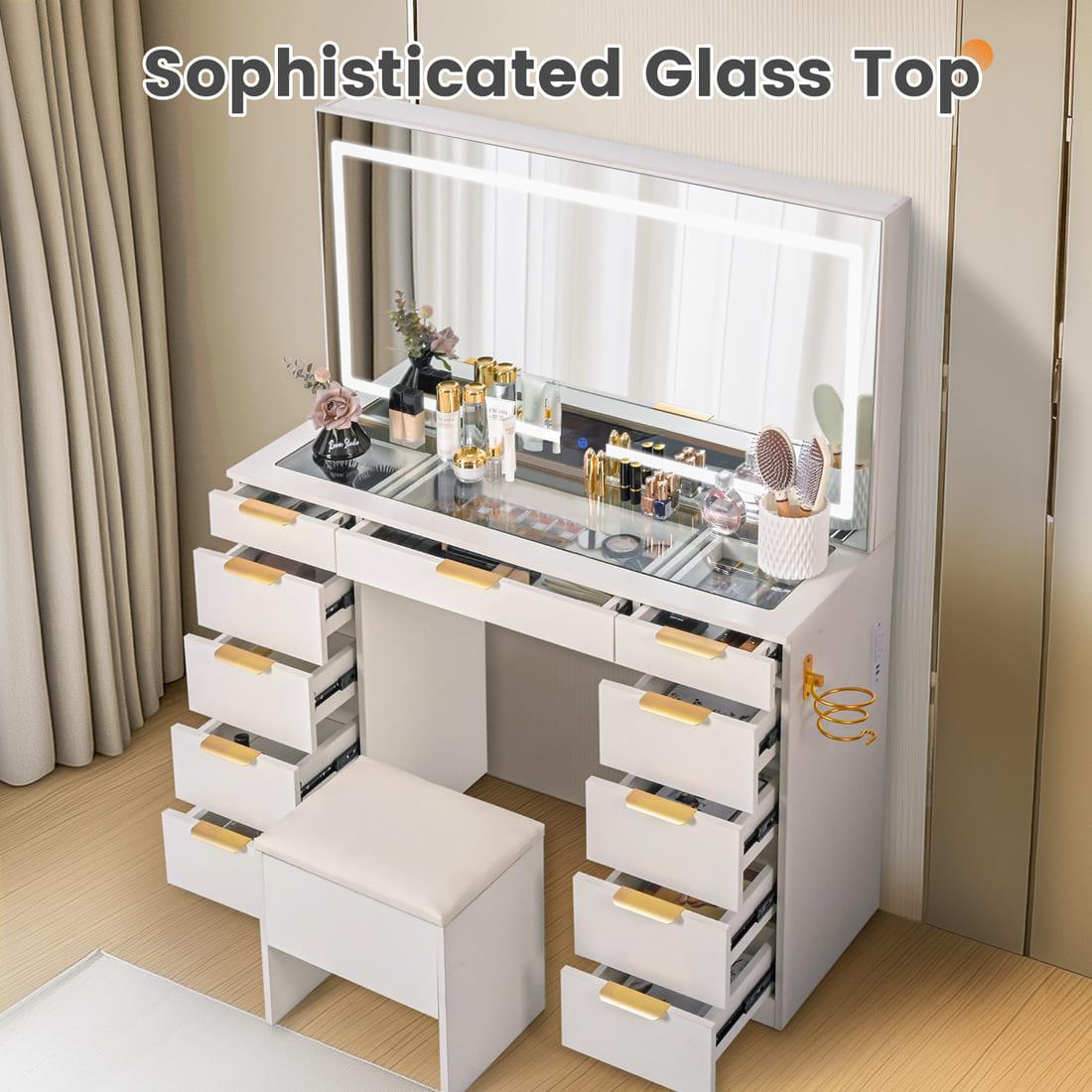 11-Drawer Vanity Desk with LED Mirror & Glass Top, Gold Handles