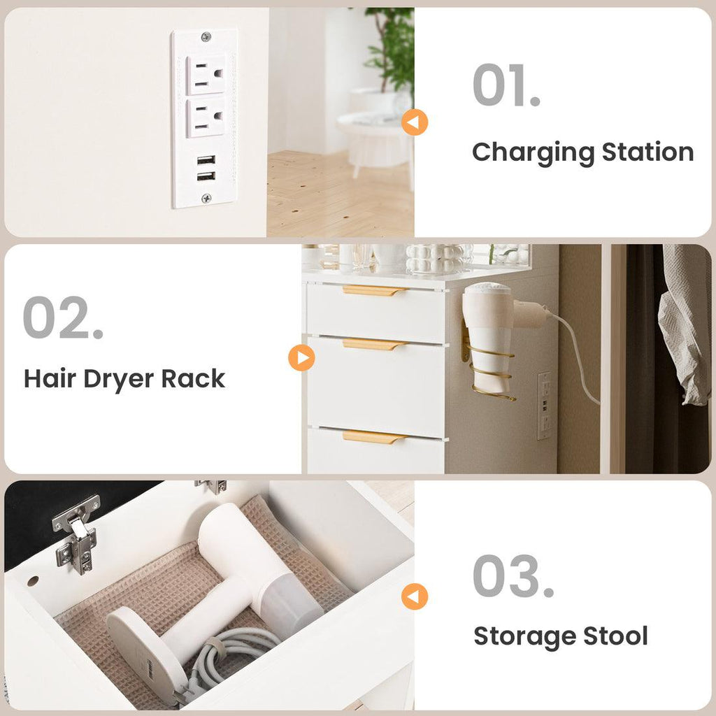 Pamapic 11 Drawers Vanity Desk with Mirror & Glass Top, White